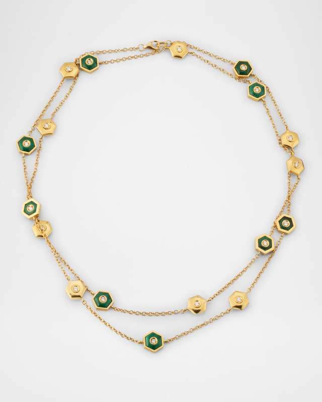 Baia Sommersa Long Necklace in 18K Yellow Gold with White Diamonds and Malachite, 32"L